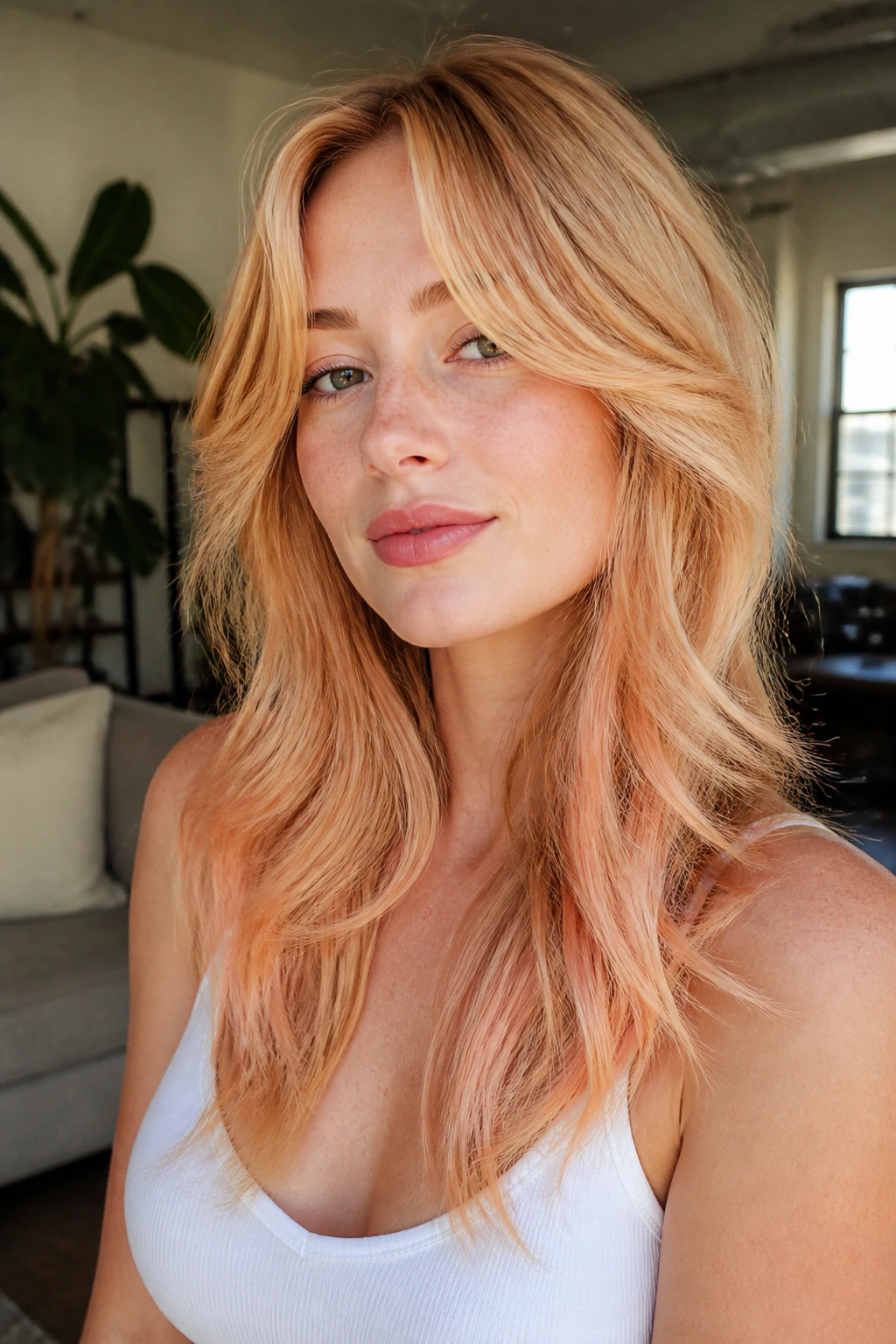 Close-up portrait of a real woman with soft curtain shag in peachy strawberry blonde tones