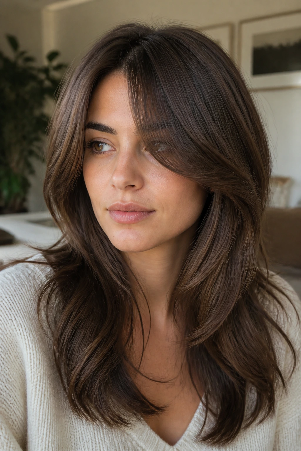Close-up portrait of a real person with curtain-to-side hybrid fringe.