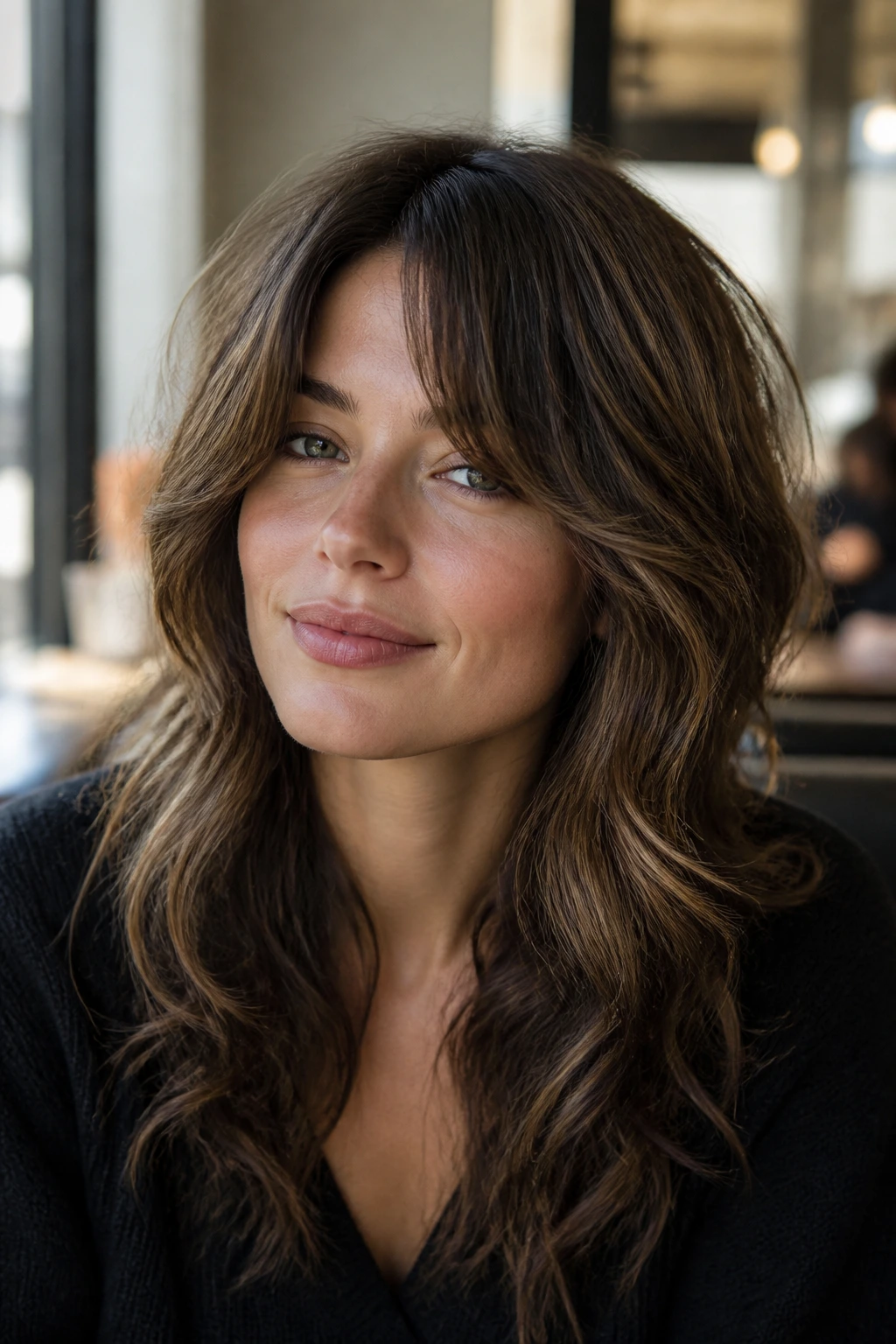 Real woman with curtain-to-side hybrid shag in cafe lighting