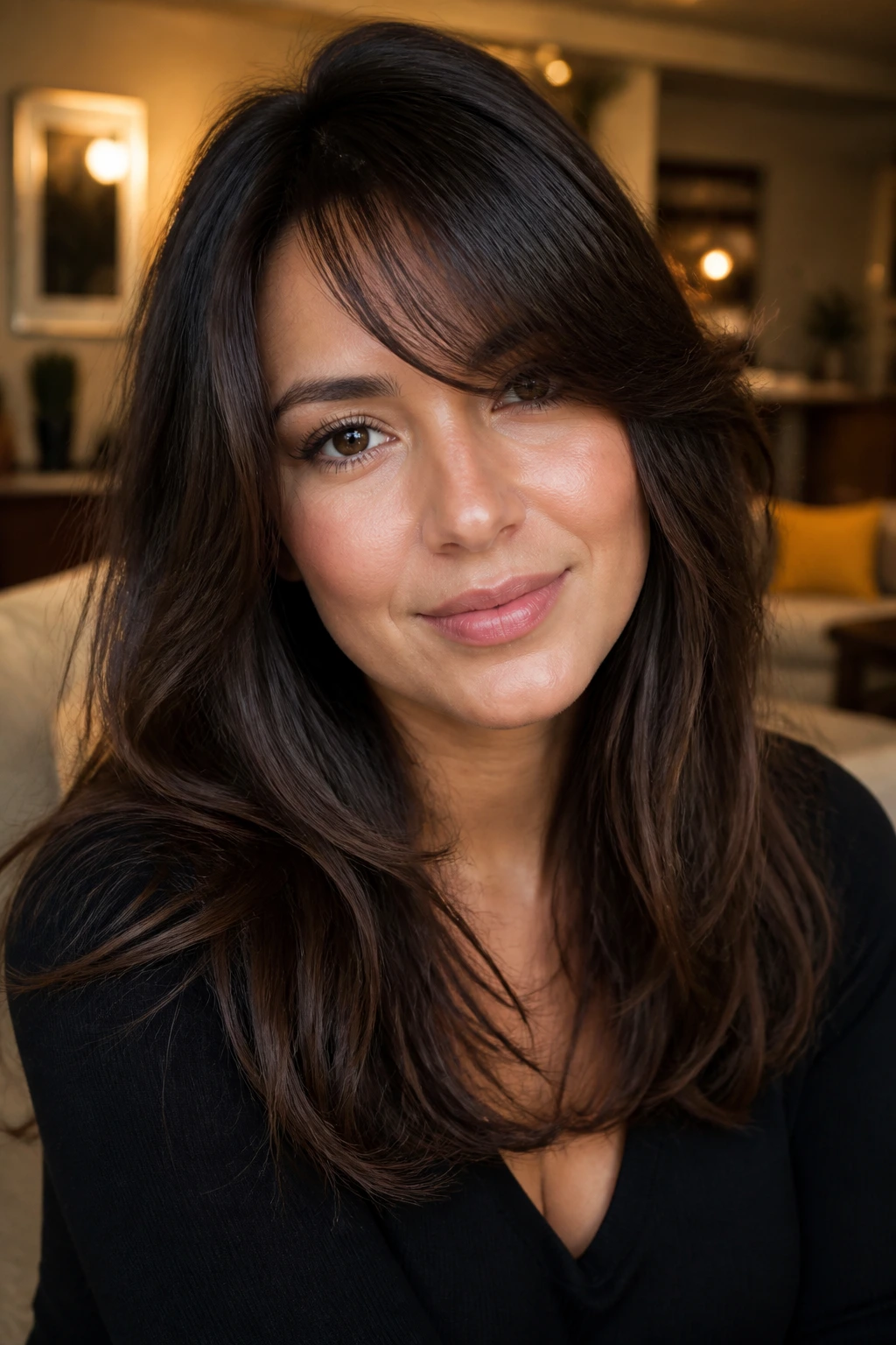 Woman with curtain-to-side-sweep hybrid hairstyle