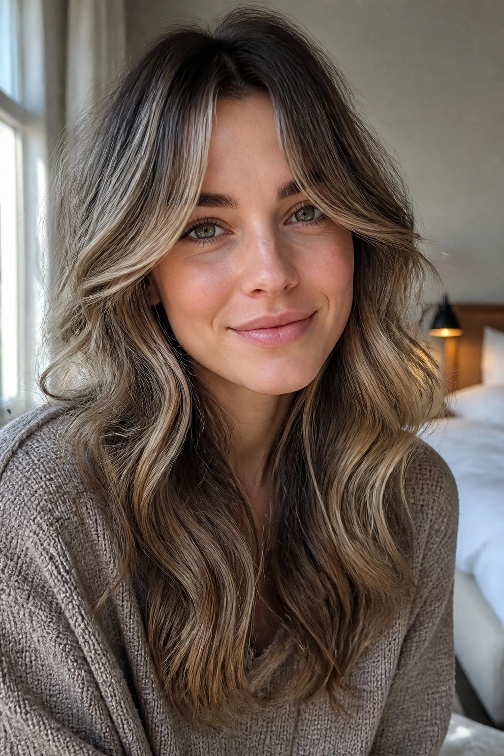 Close-up of curtain waves with beige-brown lowlights on a real person