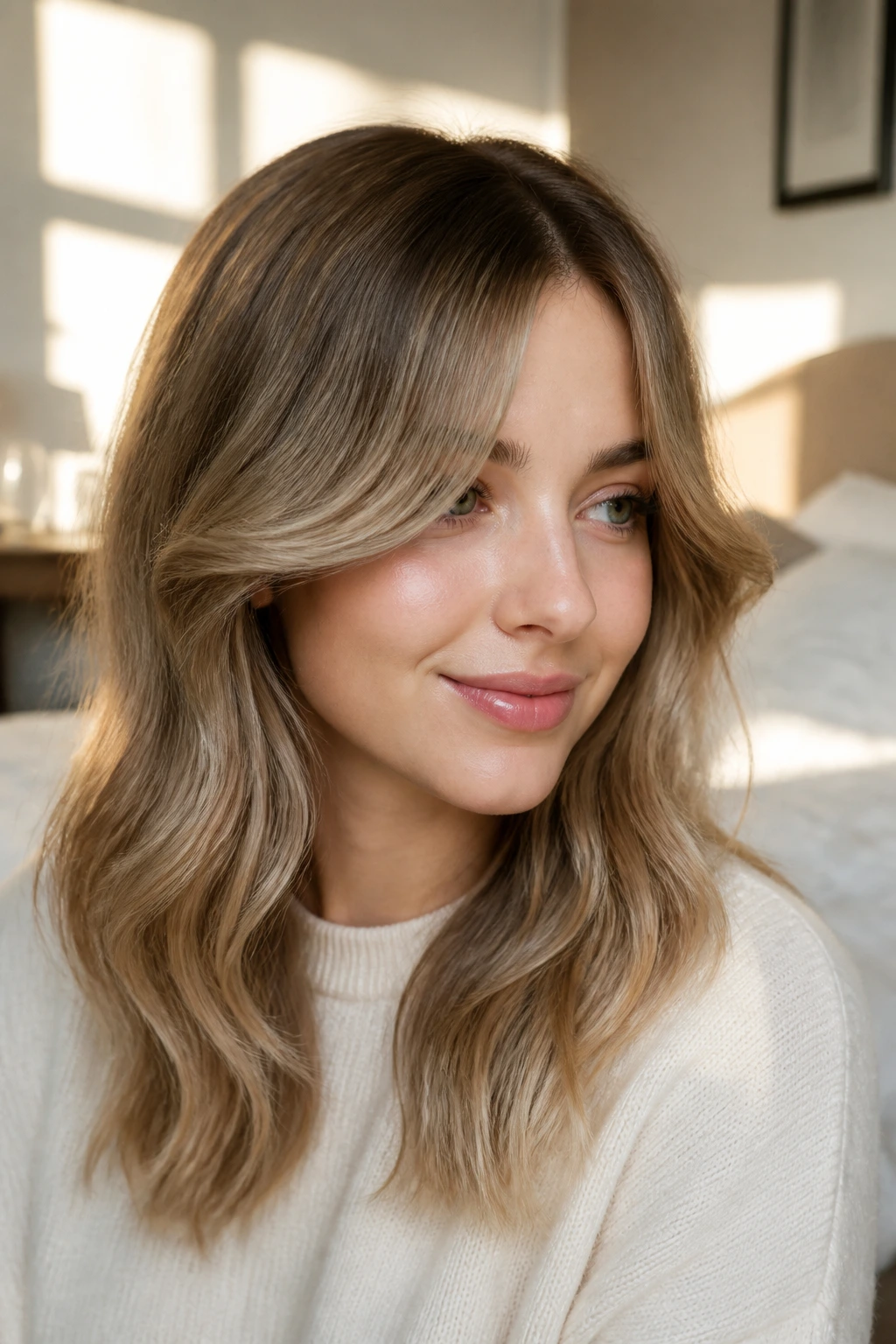 Close-up of a real woman with curtain waves and a soft center part.