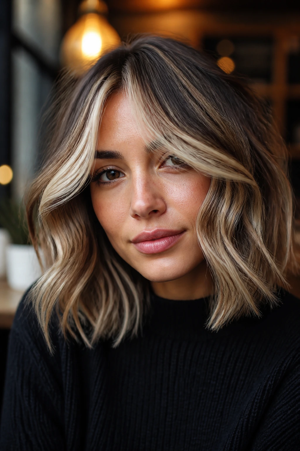Woman with curtain-bang lob and bright front pieces.