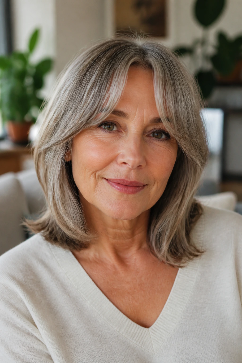 Close-up of a woman with shoulder-length hair and curtain bangs framing the eyes