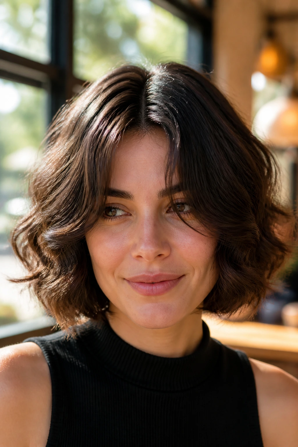 Portrait of a real person with curtain bangs and a deep center part in a sunlit cafe setting.