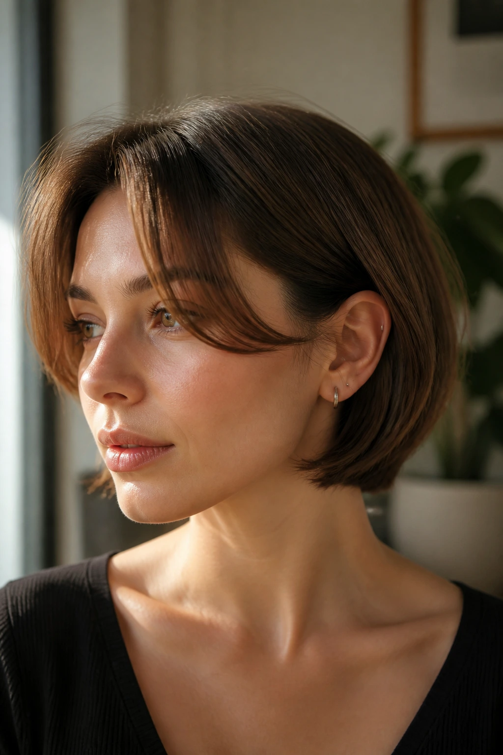 Close-up of a real person with curved curtain bob fringe