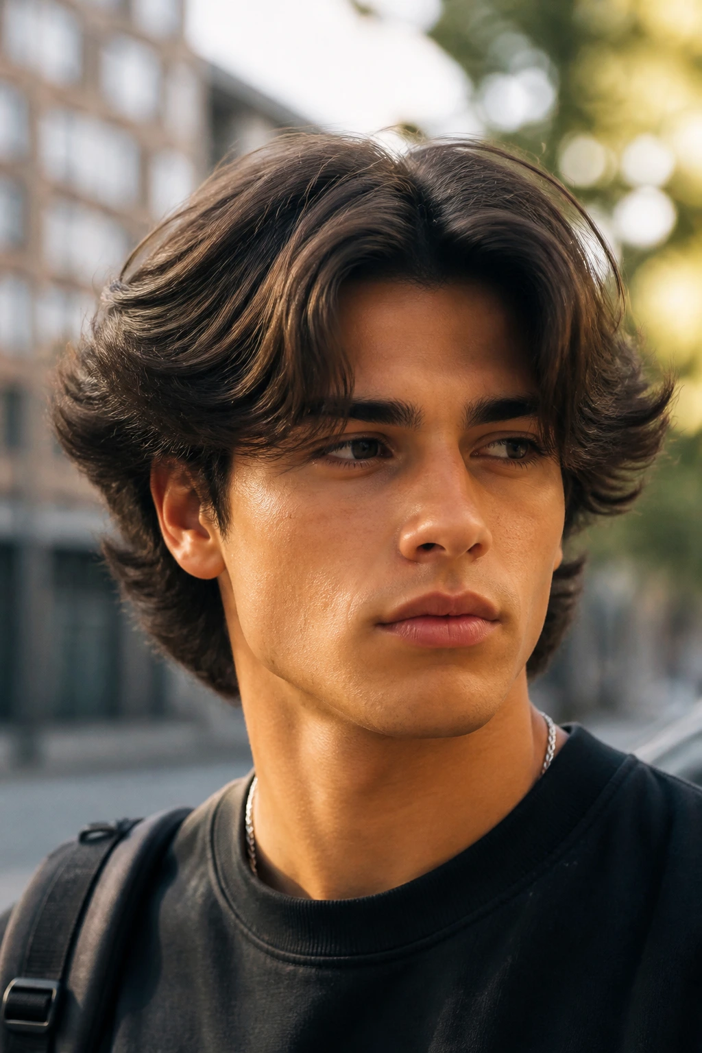 Portrait of a real boy with thick hair styled in curtains/bro flow.