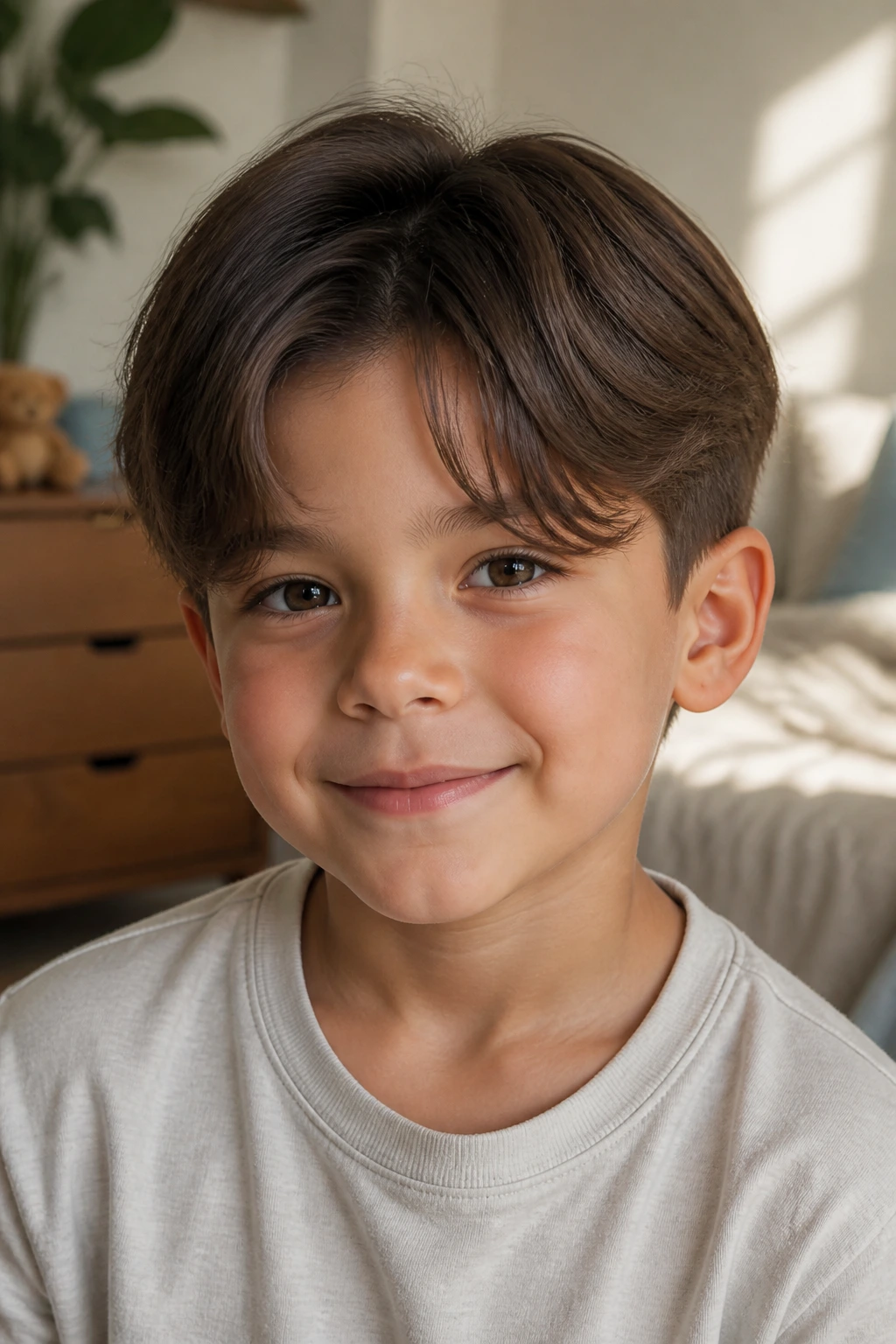 Close-up of a real boy with curtains hairstyle and tapered sides.