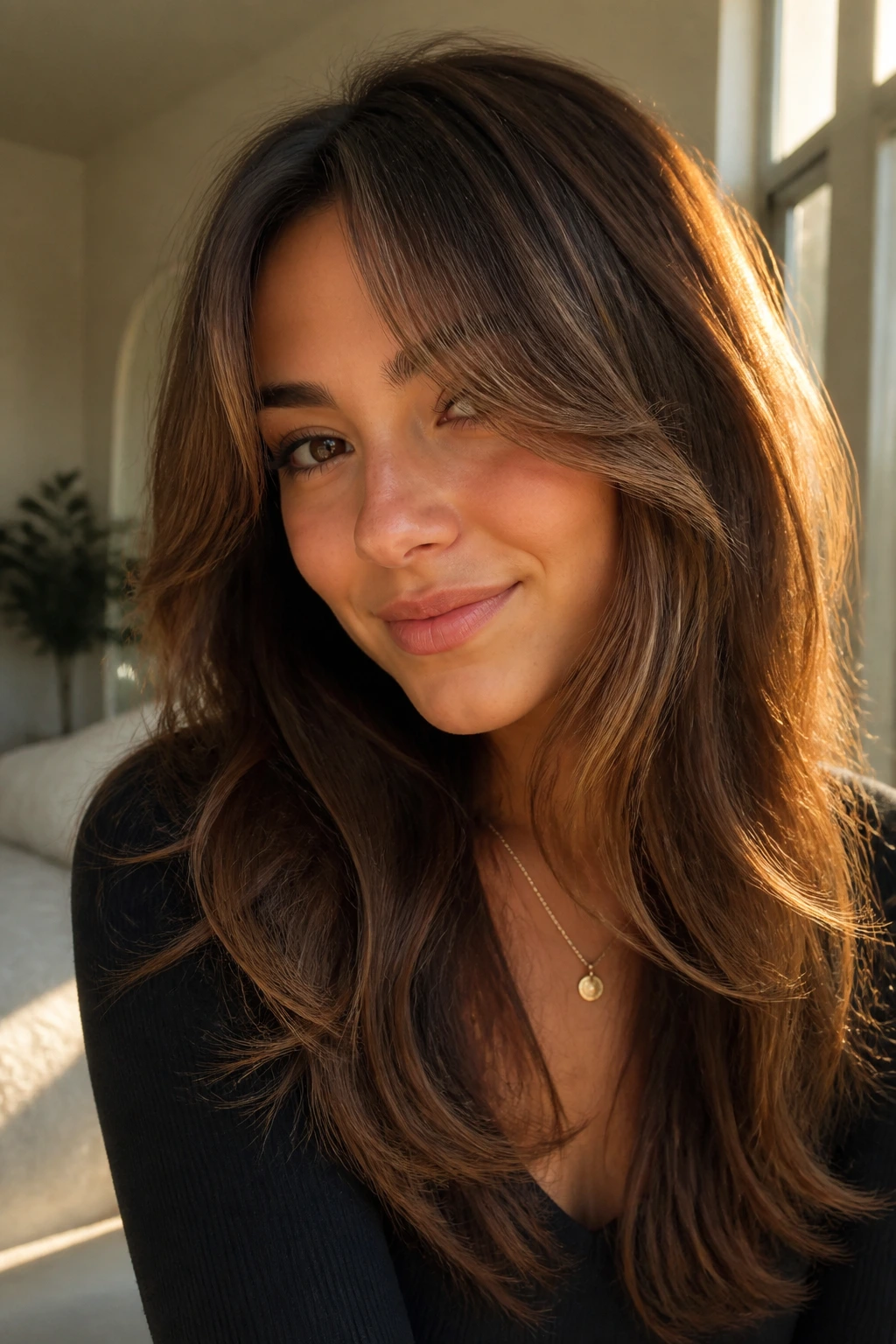 Close-up of a real woman with long layers and curtain bangs