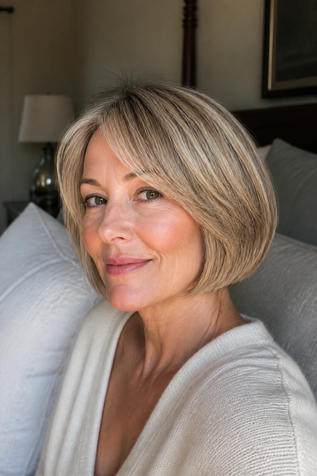 Portrait of a real woman with a curved round bob in a cozy morning-lit setting