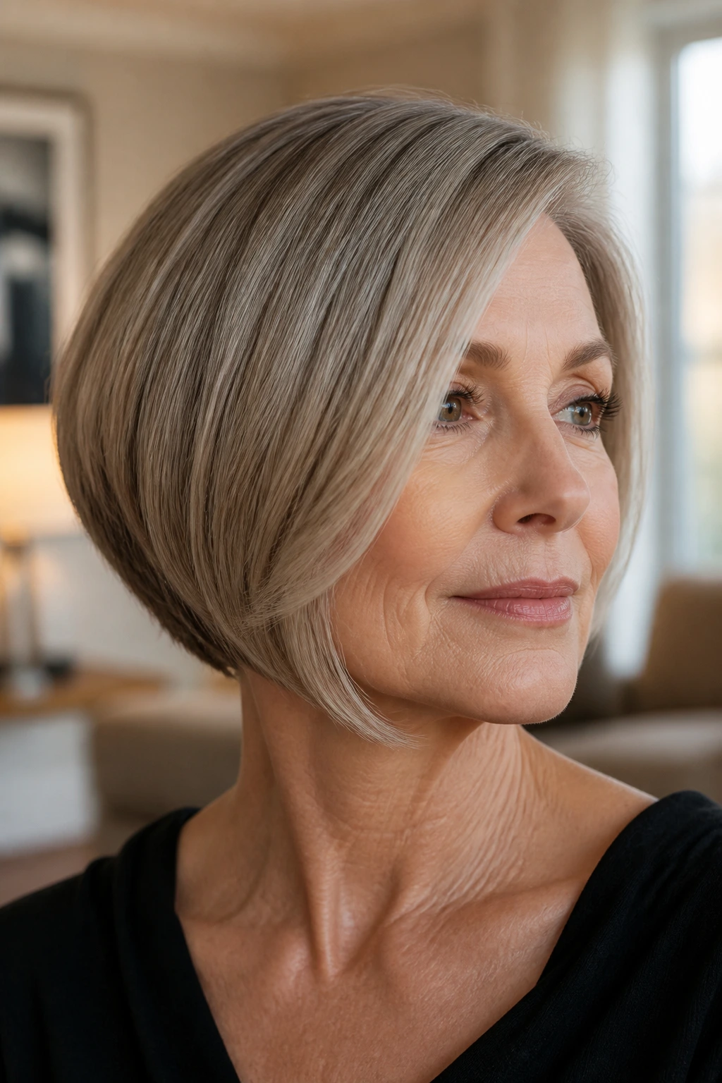 Portrait of a real woman in a curved A-line bob with a soft front corner