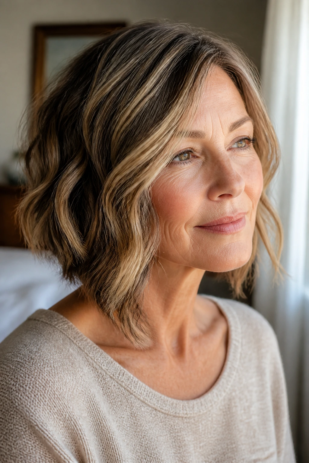 Close-up of a real woman with Curved A-Line Lob featuring short back and long front with soft waves and crown lowlights
