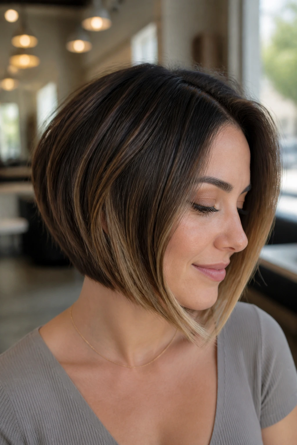 Close-up of a real woman with curved A-line bob and caramel underpainting in soft salon daylight