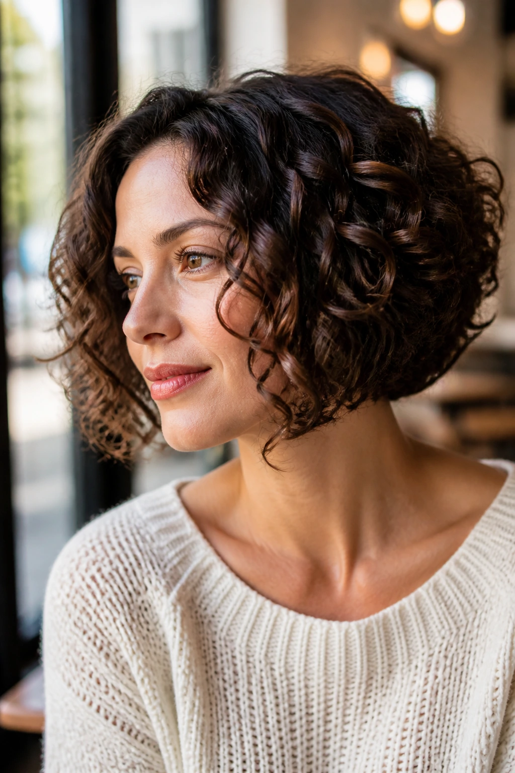 Real woman with curved-angle bob hairstyle in a cafe setting.