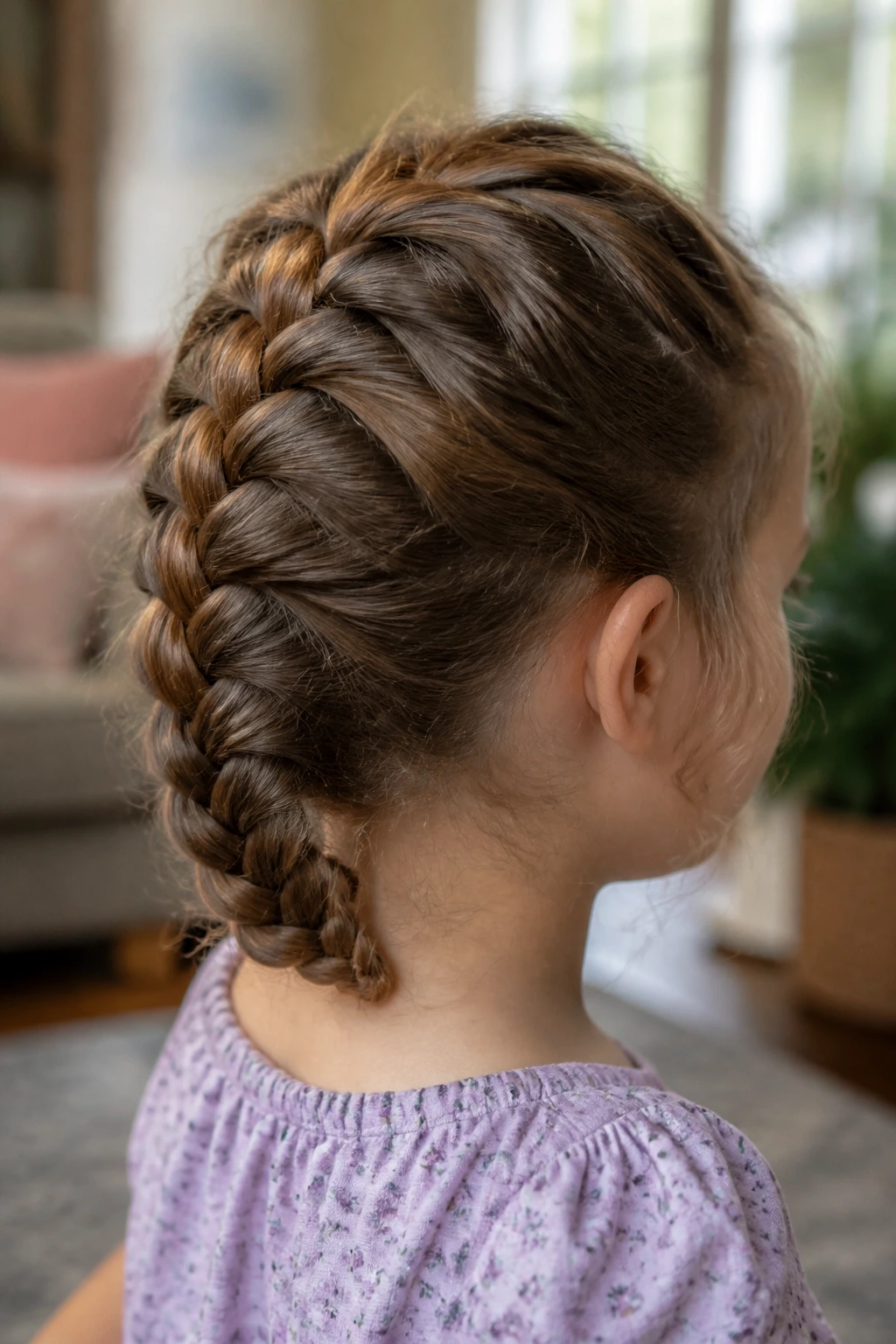 Close-up of a real child with a curved back French weave in a living room