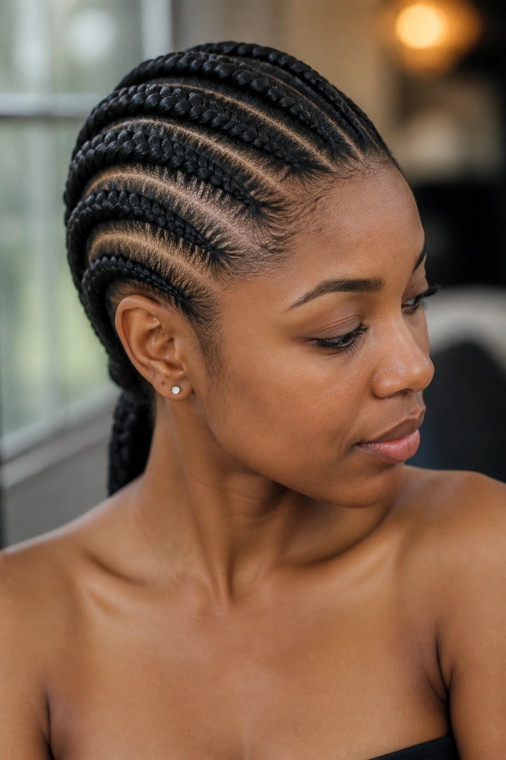 Close-up of a real woman with curved back-sweep French braids