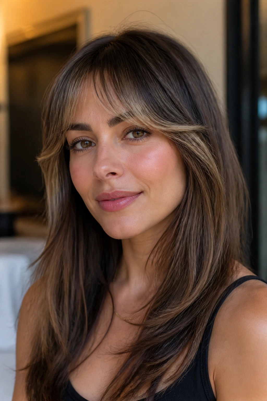 Real woman with curved bangs following the brow line in warm indoor light