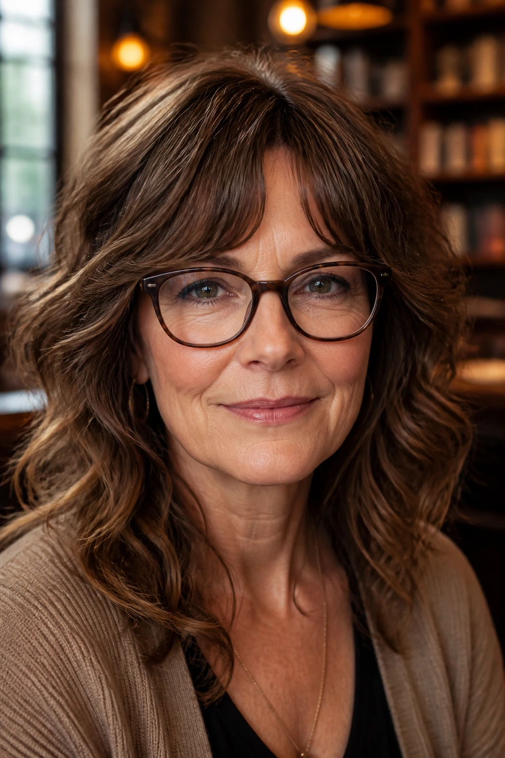 Close-up of a real woman with curved bangs above glasses frames in warm light