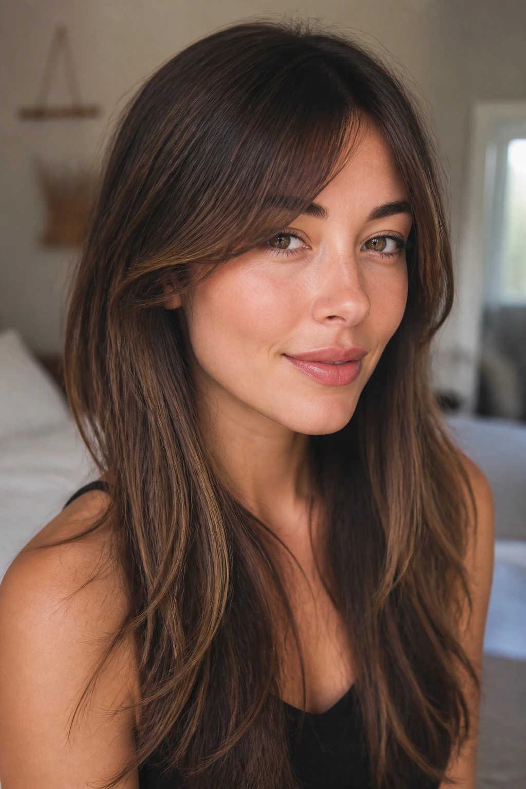 Close-up of curved bangs starting near the temple on a real woman, face-framing profile shot.