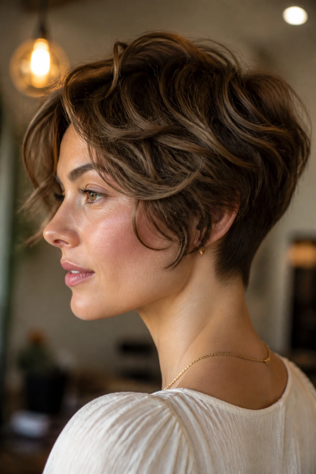 Curved bixie haircut with soft nape on real woman.