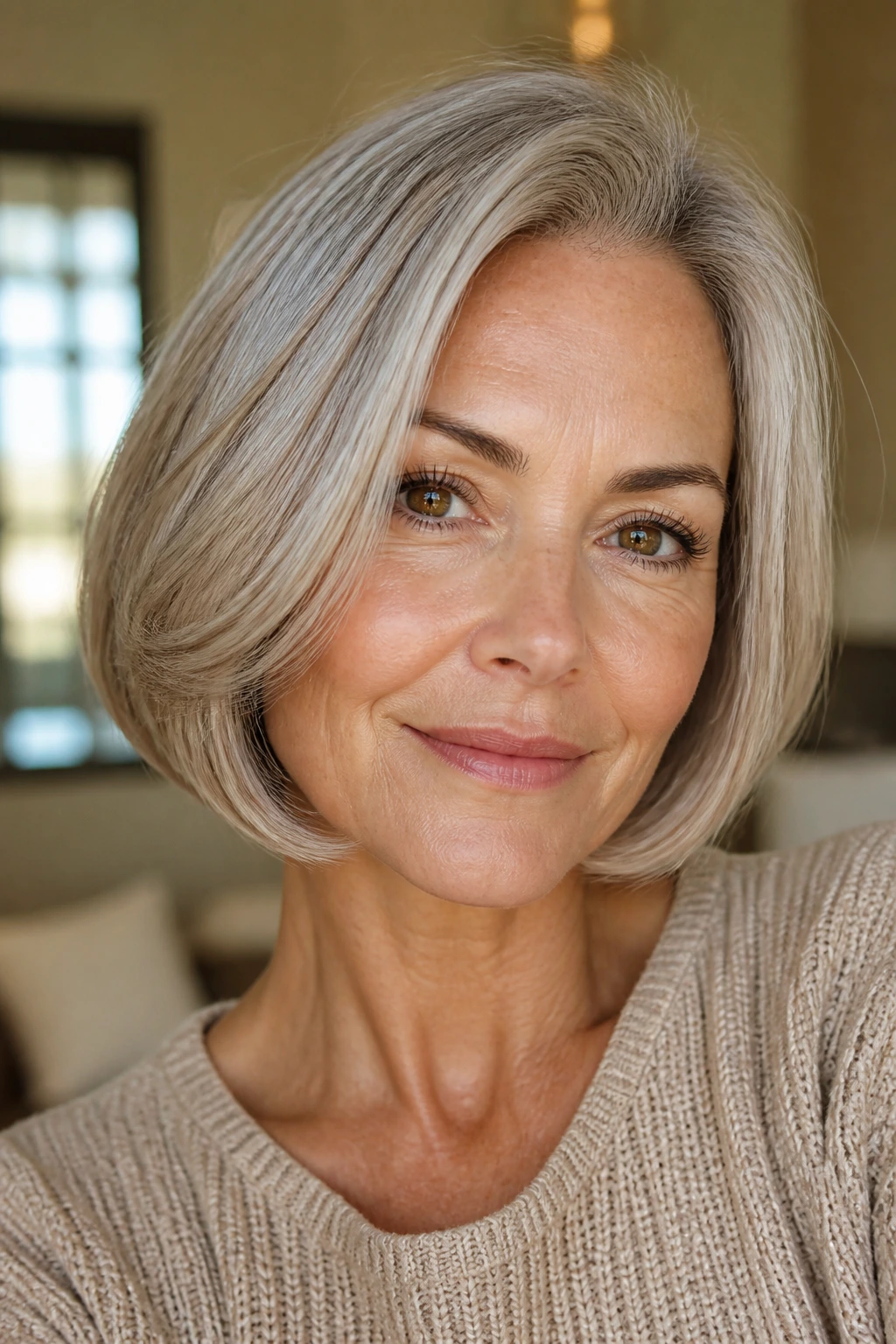 Close-up of a real woman with Curved French Bob with Beige Gloss showing curved ends