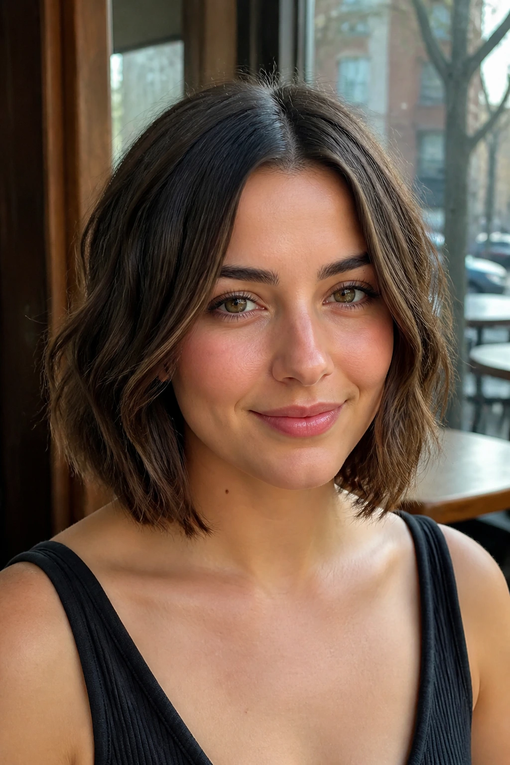 Close-up portrait of a real woman with a curved bob and center part under cafe-window light