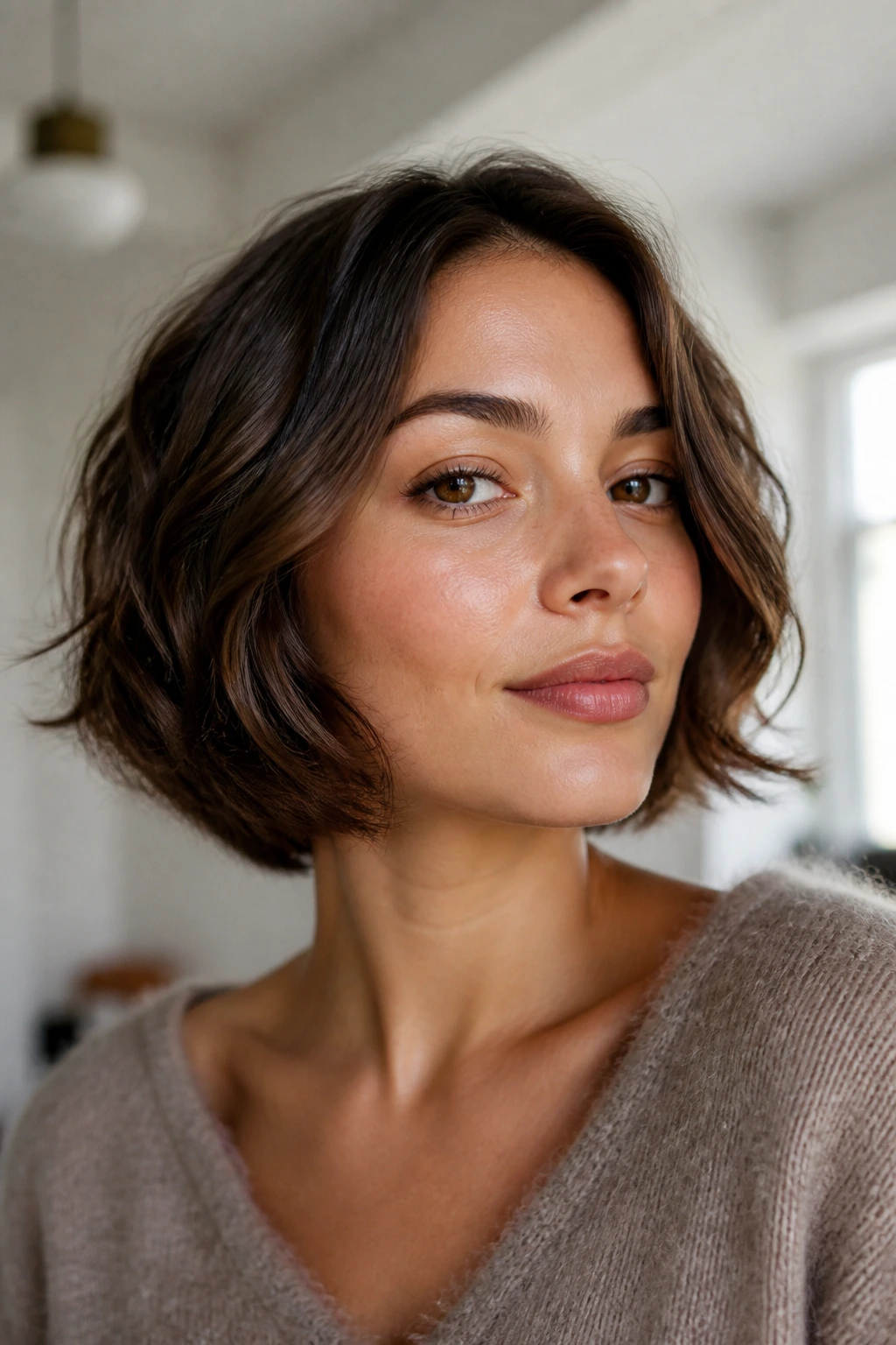 Close-up of a real woman with a curved bob hugging the cheekbones in a bright room