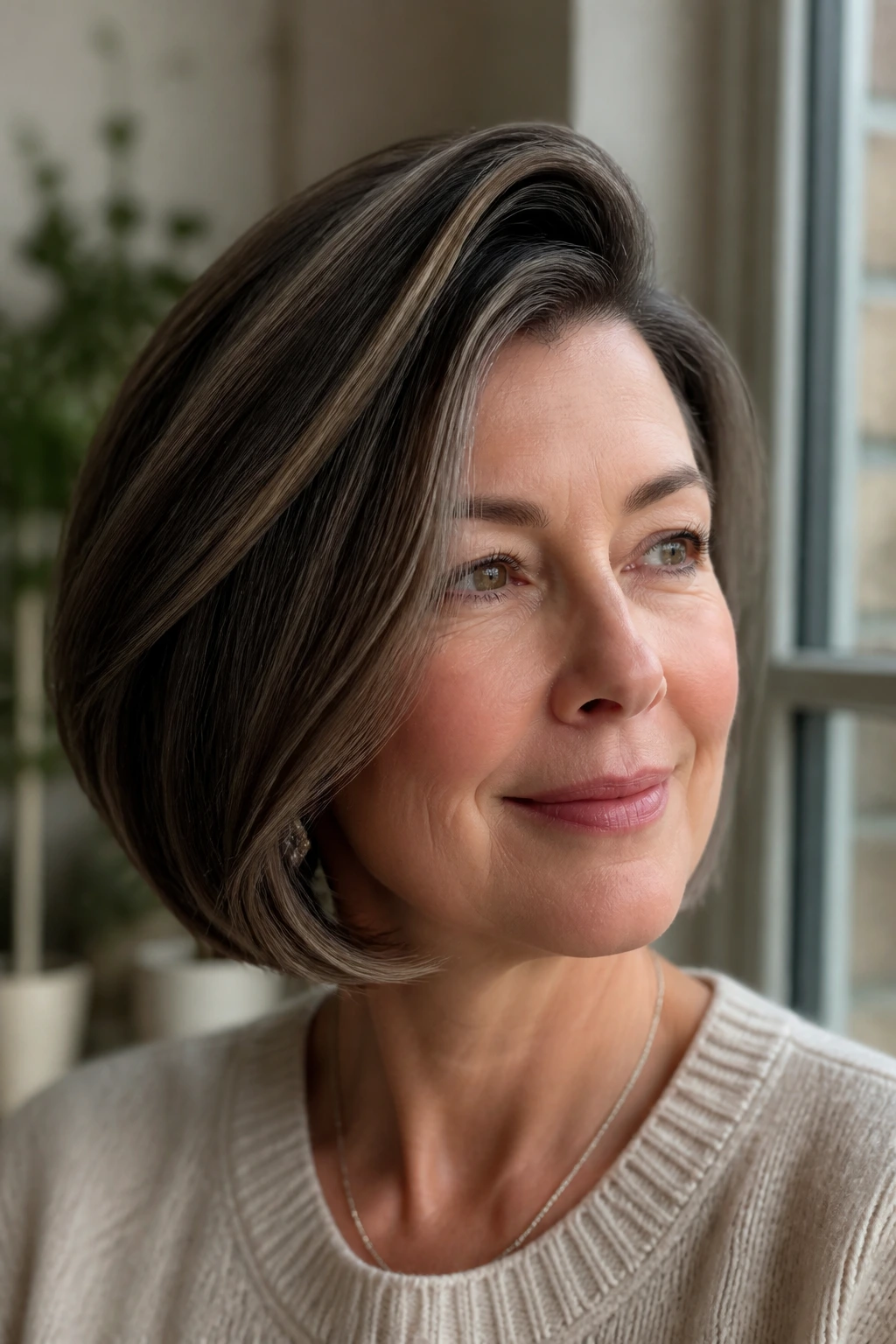 Close-up of a real woman with a curved bob and deep side part.