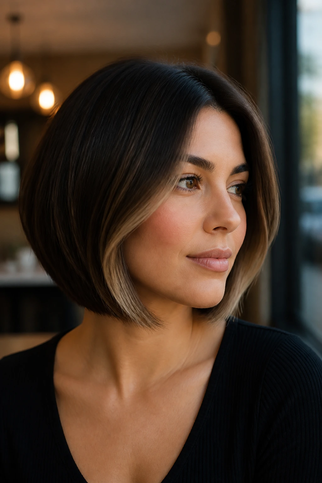 Portrait of a real woman with a curved inward bob and espresso base with bright cheekbone lights.
