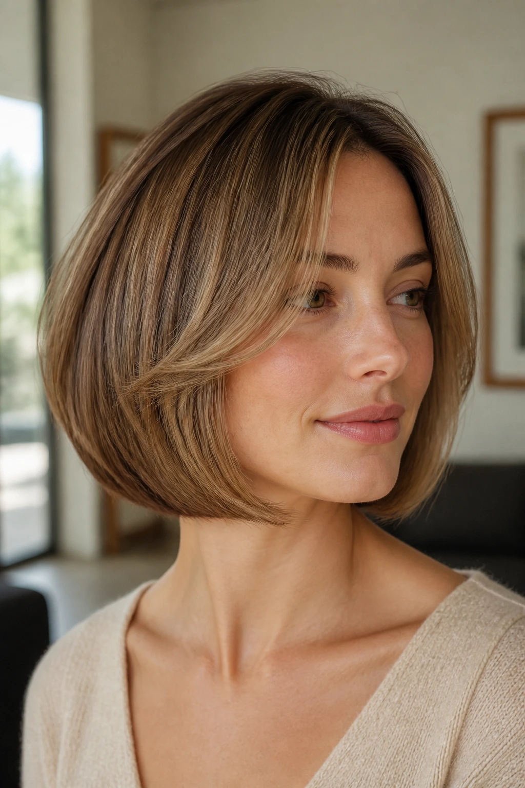 Close-up portrait of a real woman with curved bob and face-framing pieces in soft light.