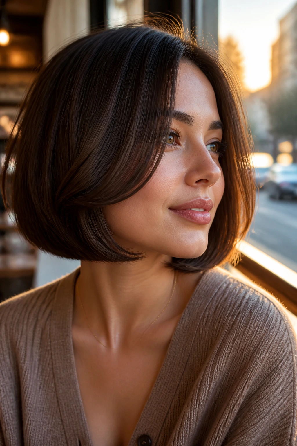 Close-up of a real woman with a curved bob and face-framing pieces.