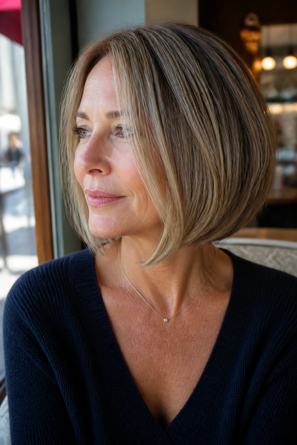Close-up of a real woman with curved bob and face-framing pieces in natural light