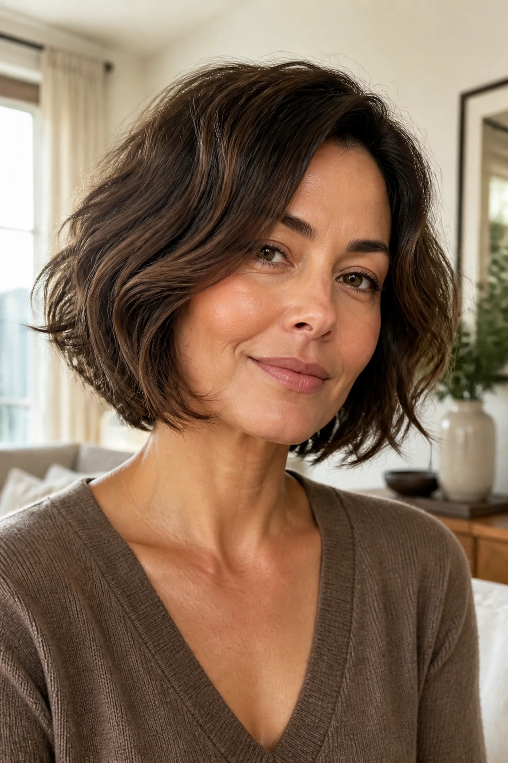 Real person with curved bob and feathered ends in warm daylight