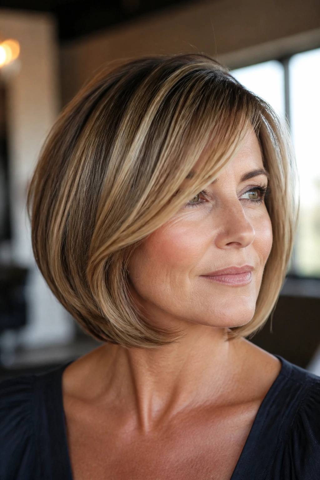 Close-up of a real woman with curved jawline-hugging bob and face-framing highlights