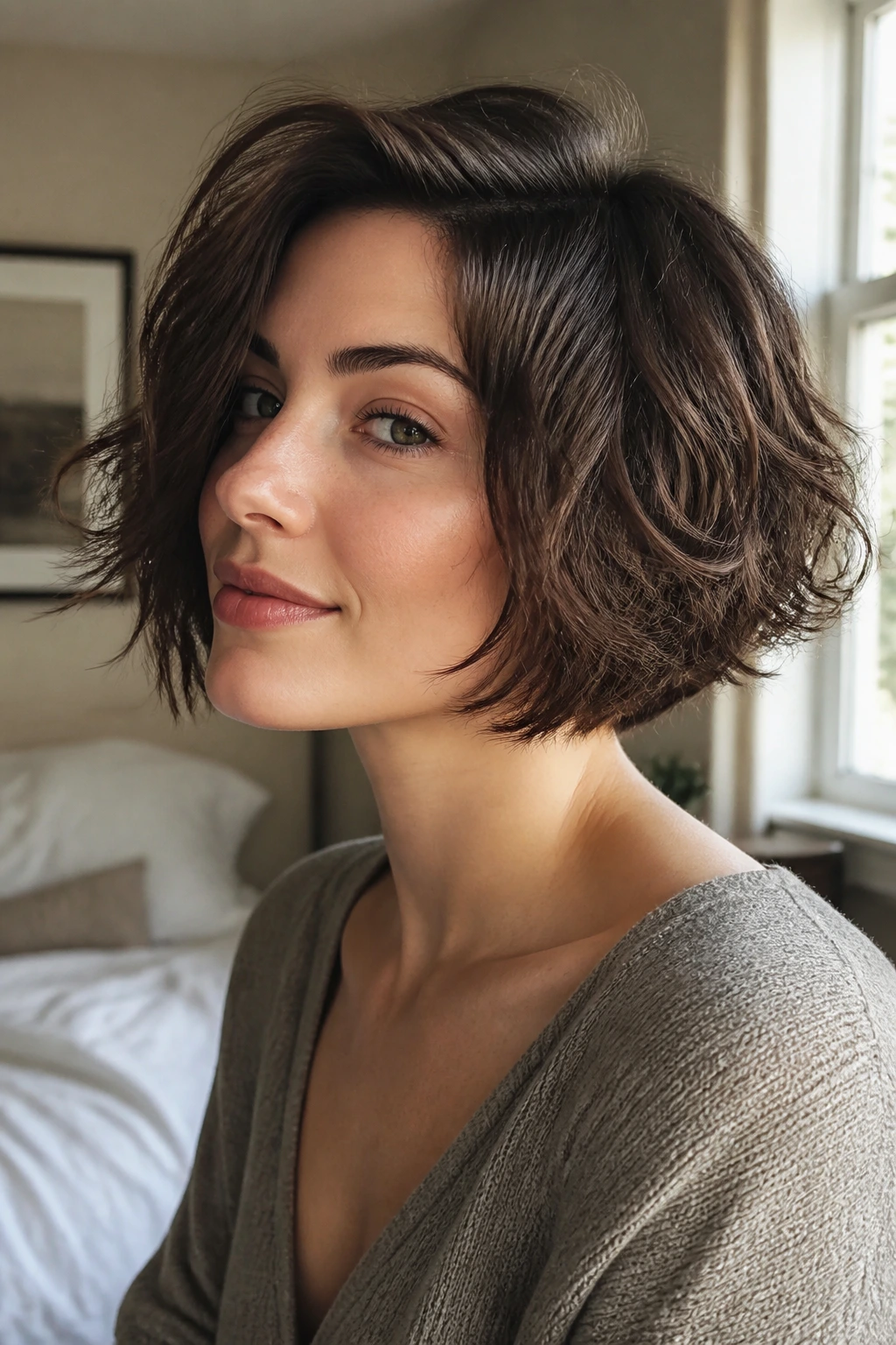 Close-up portrait of a woman with Curved Bob with Razored Perimeter, curved silhouette and razor edge.