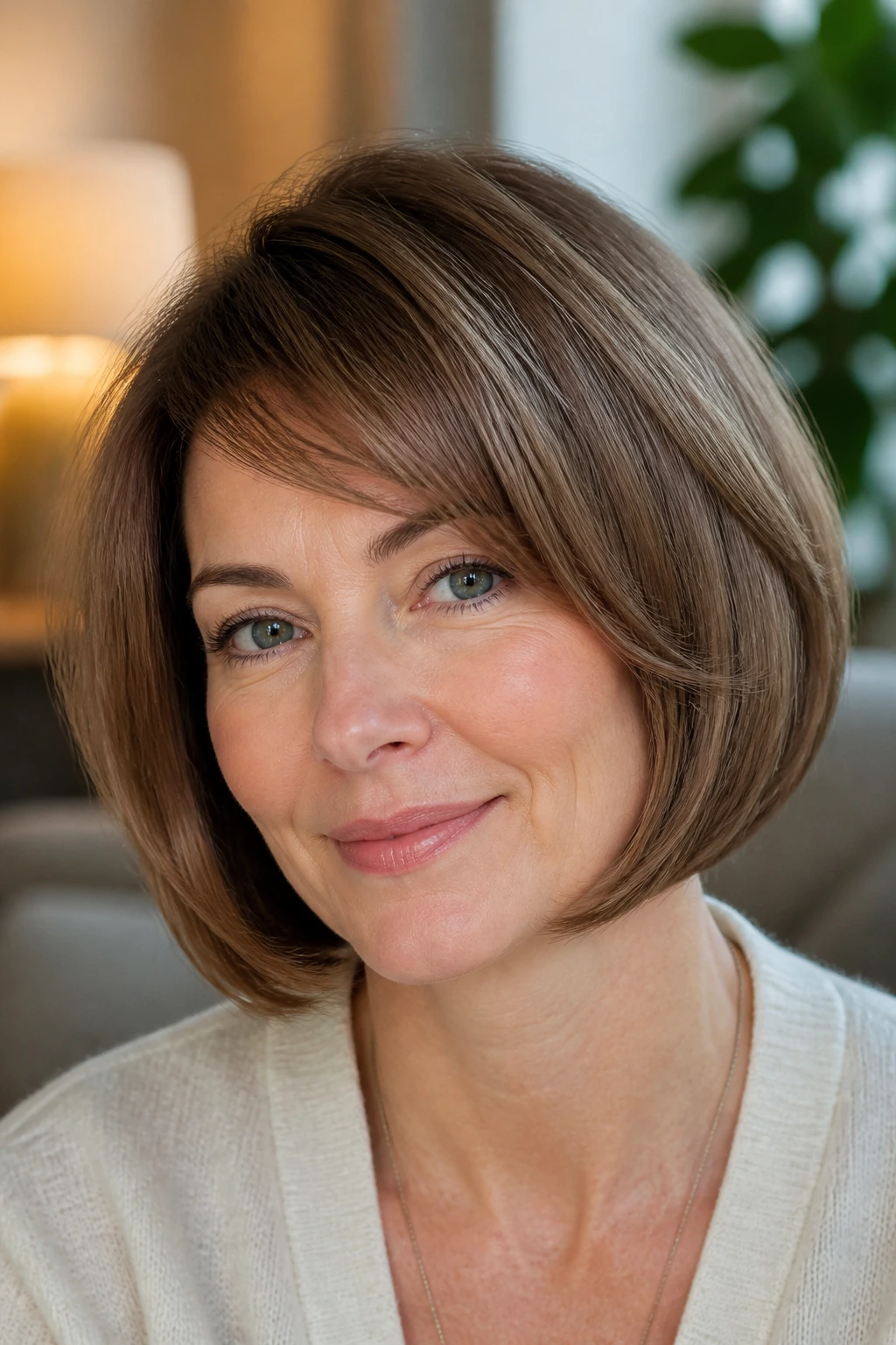 Close-up portrait of a woman with curved bob and soft graduation accentuating density around the perimeter