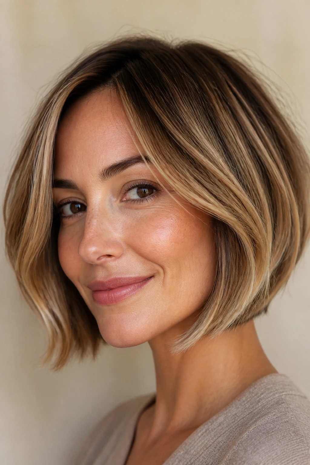 Close-up of a woman with a curved bob and toasted almond babylights