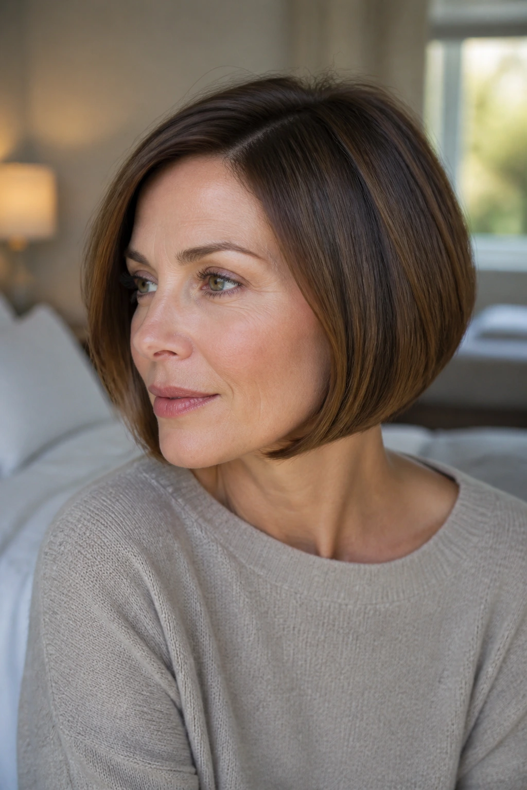 Close-up of a real woman with a curved bob and tucked ends in warm window light