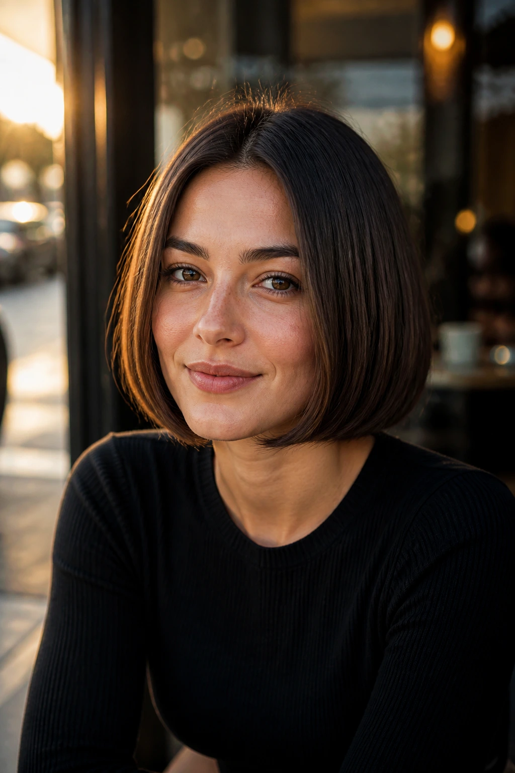 Real woman with jaw-length curved box bob in warm outdoor light