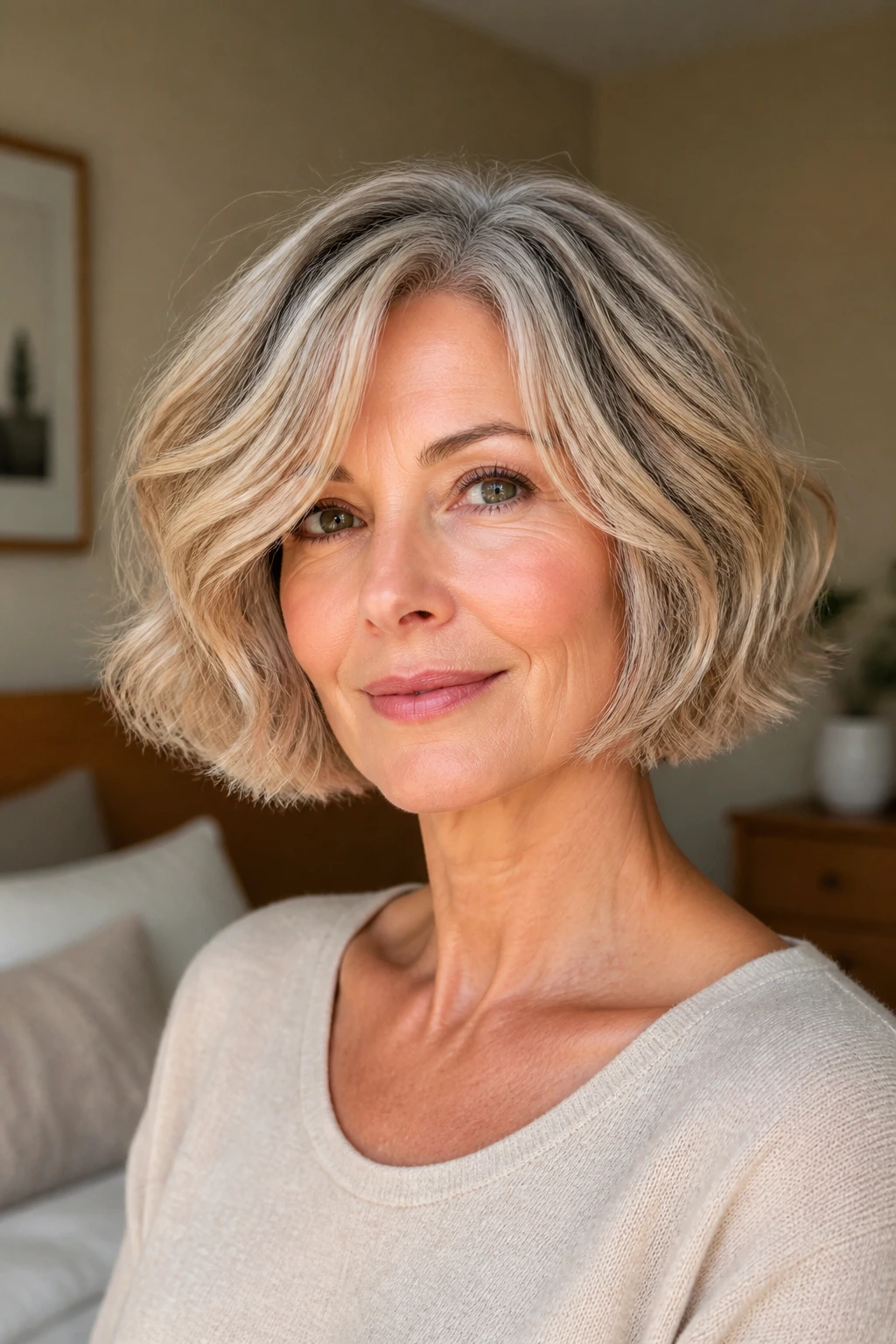 Close-up portrait of a real woman with a curved bubble bob framing the chin with soft waves.