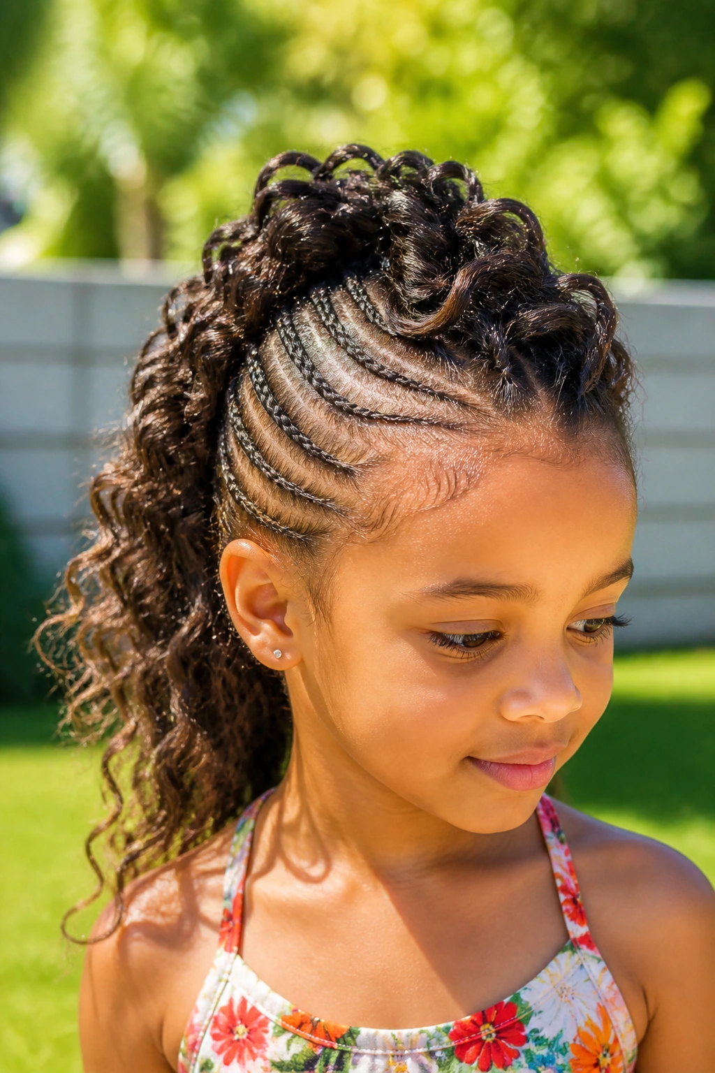 Child with curved center mohawk following natural hair bend outdoors