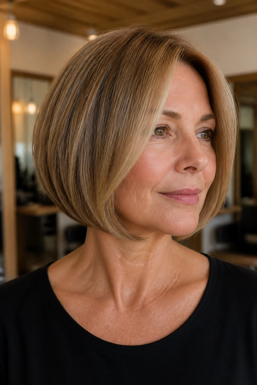 Real woman with curved-under chin bob in a modern salon