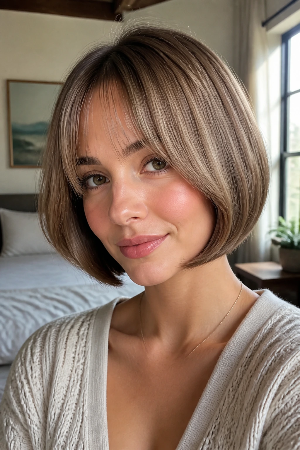 Real woman with curved chin-length bob and split bangs in soft window light