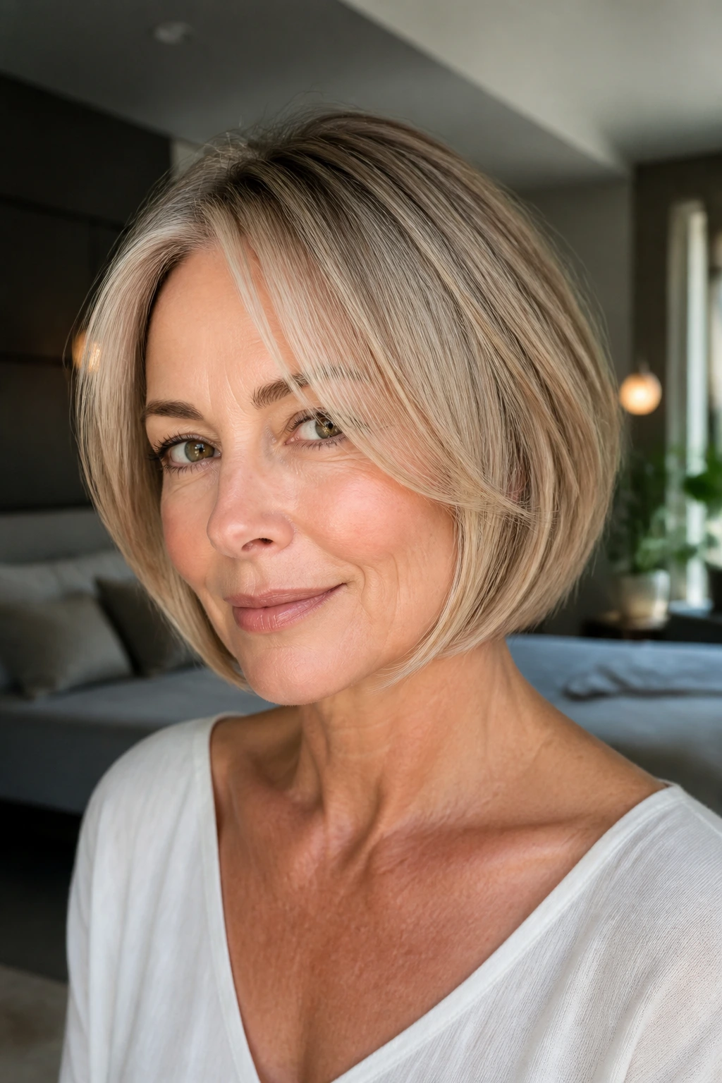 Close-up portrait of a real woman with curved chin-length bob and face-framing pieces