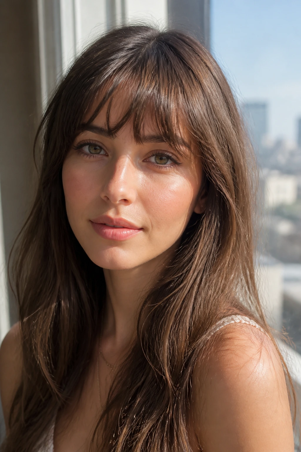 Close-up of a real woman with curved choppy fringe following the brow line and long hair.