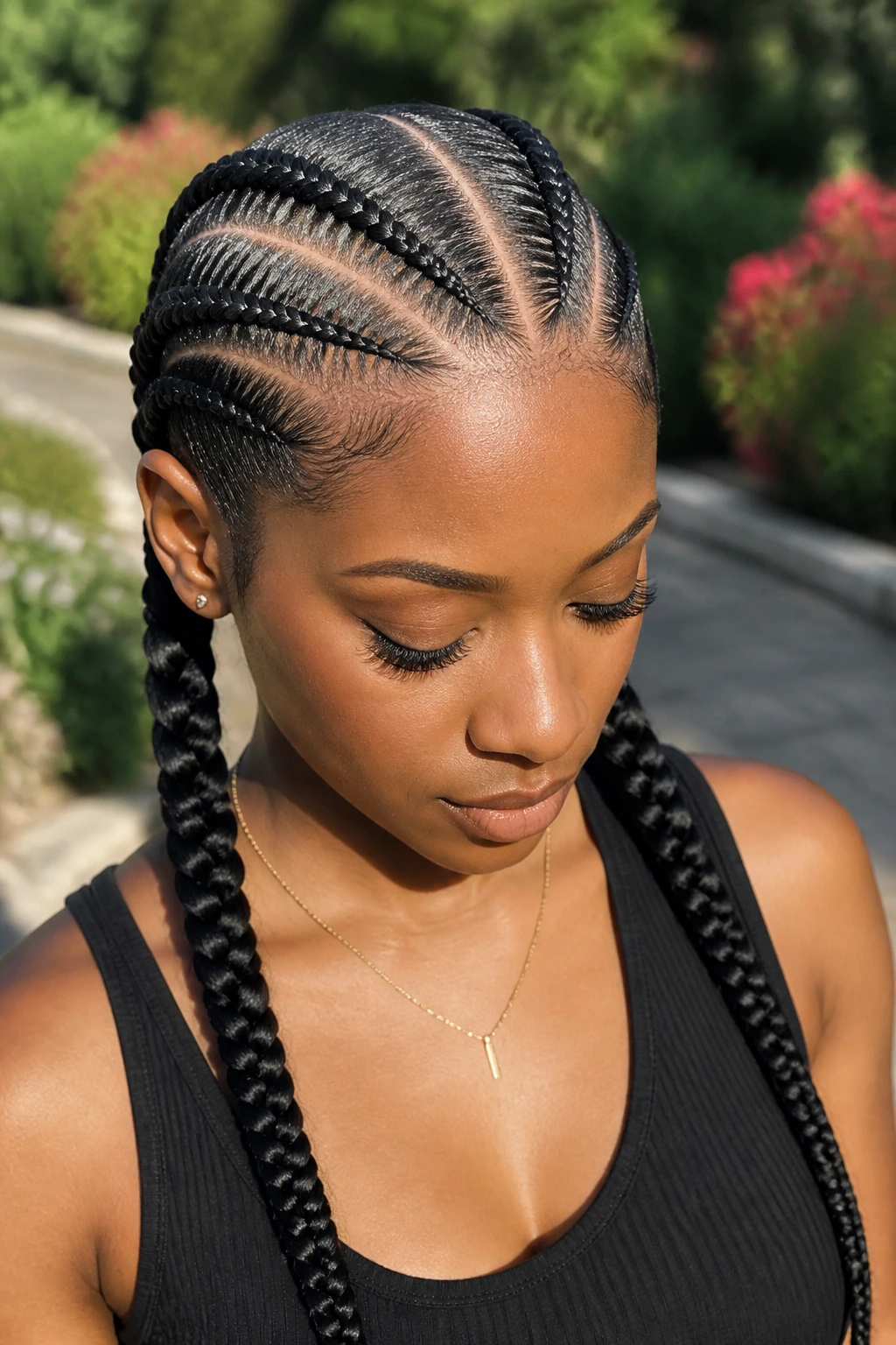Close-up of a real Black woman's head with curved cornrows leading into two pigtails