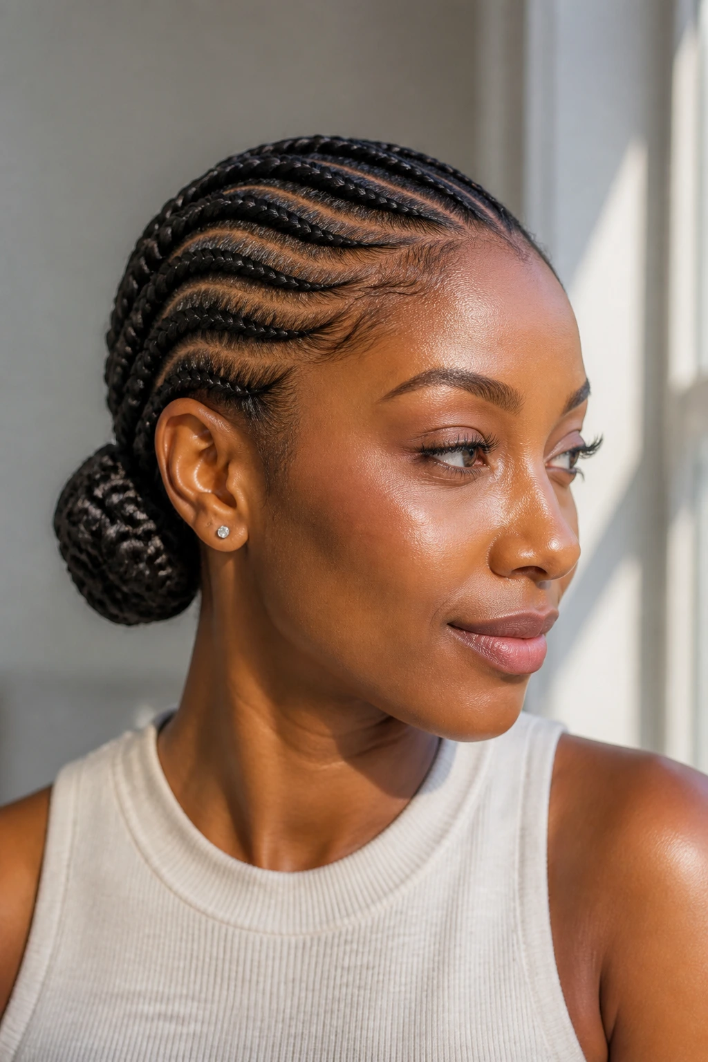 Real woman with curved cornrows forming an ear-level knot
