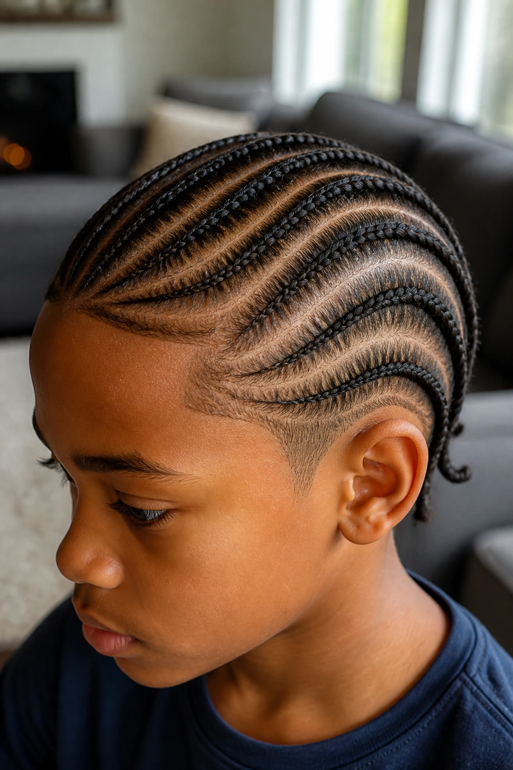 Real boy with curved cornrows following head shape in living room light