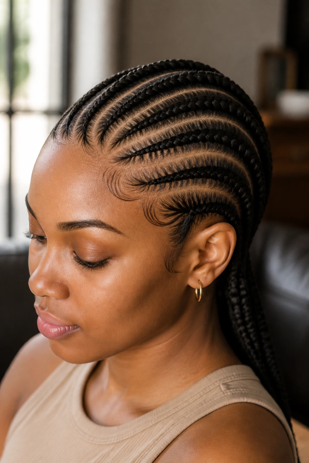 Real person wearing curved cornrows