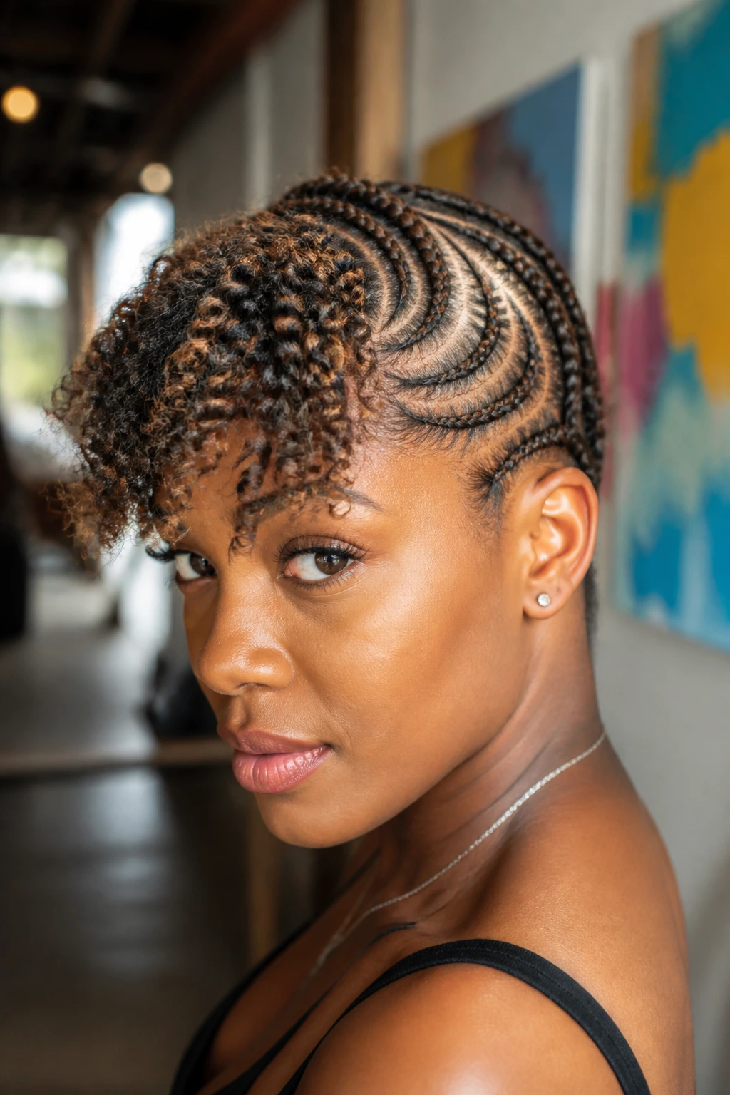 Close-up portrait of a real person with curved cornrows and a soft fringe